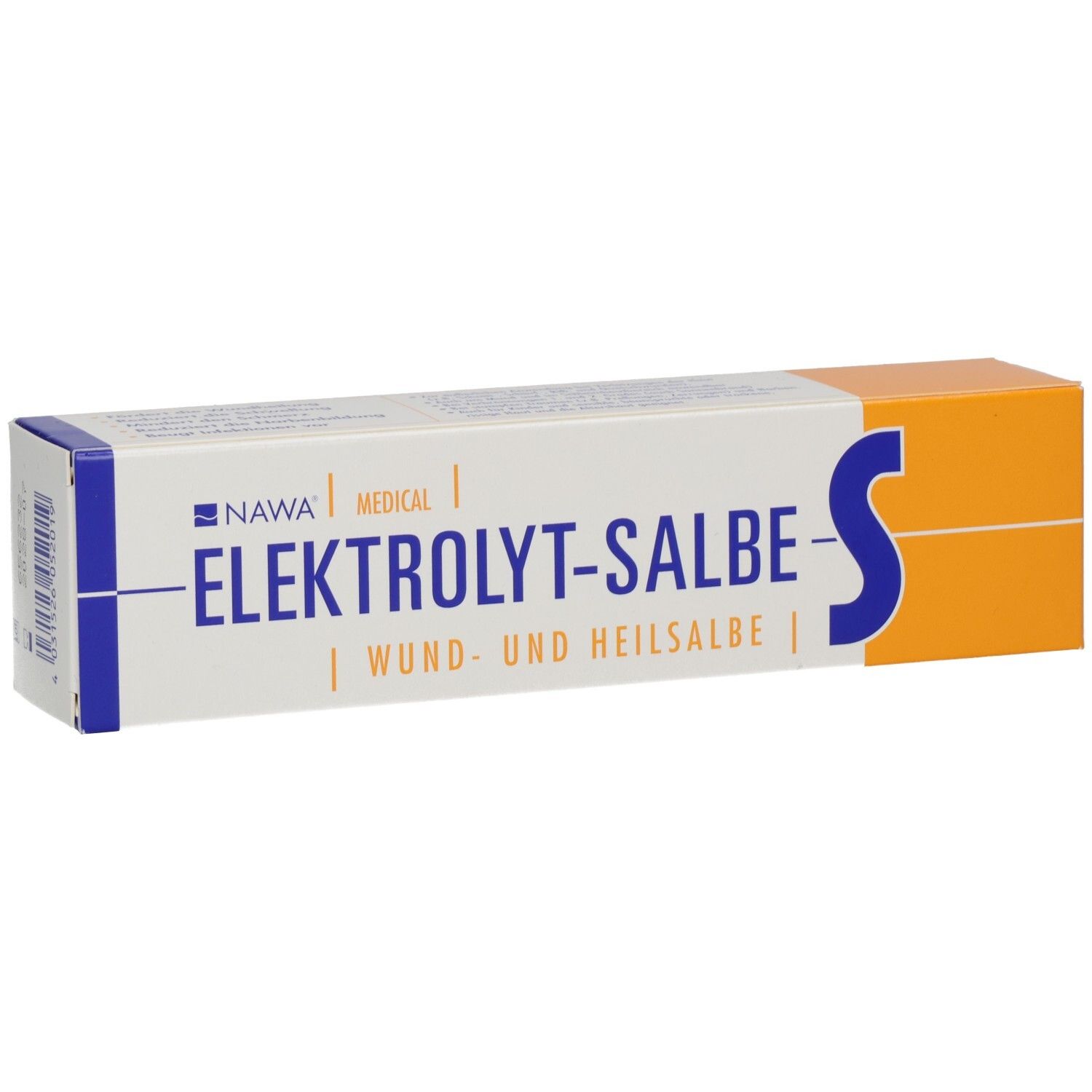 Weiß-orange Schachtel mit blauer Schrift. Aufschrift: ELEKTROLYT-SALBE-S, WUND- UND HEILSALBE. Marke: NAWA MEDICAL.