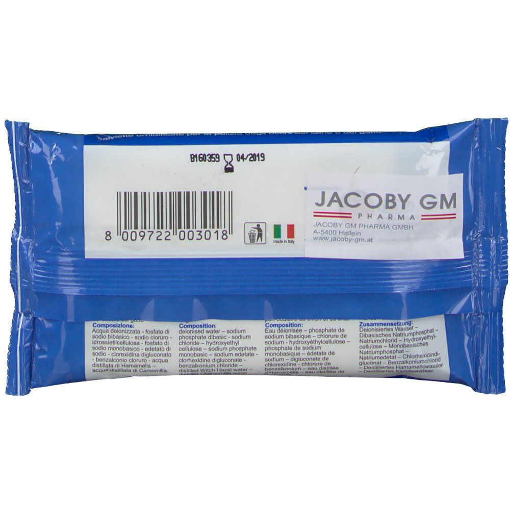 Rückseite der blauen Verpackung. Barcode, Text und Logo von Jacoby GM Pharma.