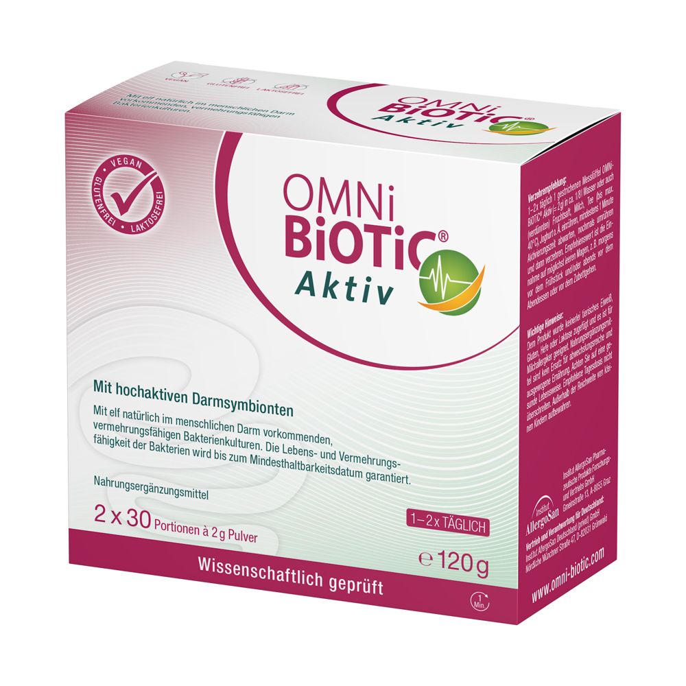 OMNi BiOTiC® Aktiv Karton, Rückseite mit detaillierten Anwendungshinweisen und Inhaltsstoffen. 2x30 Beutel à 2g.