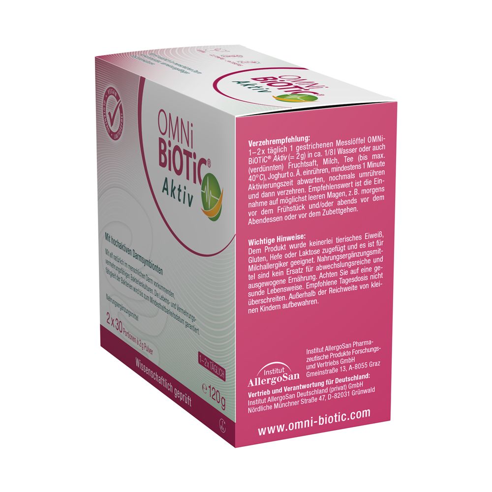 OMNi BiOTiC® Aktiv Karton, Seitenansicht mit Verzehrempfehlung und wichtigen Hinweisen. 2x30 Beutel à 2g.