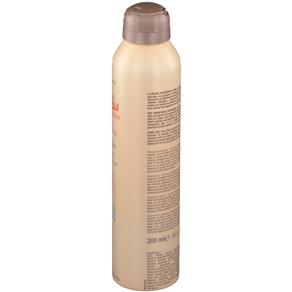 Körper-Spray-Flasche. Beige-farben, mit braunem Deckel. Rückseite mit Text und 200 ml Angabe.