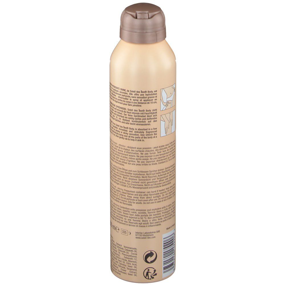 Körper-Spray-Flasche. Beige-farben, mit braunem Deckel. Rückseite mit Text, Recycling-Symbolen und Inhaltsstoffen.