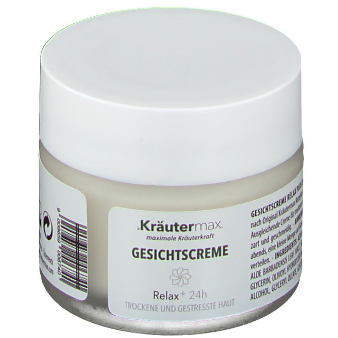 Creme-Tiegel mit weißem Deckel. Etikett mit Produktname und Marke Kräutermax. Text: Gesichtscreme Relax Plus.