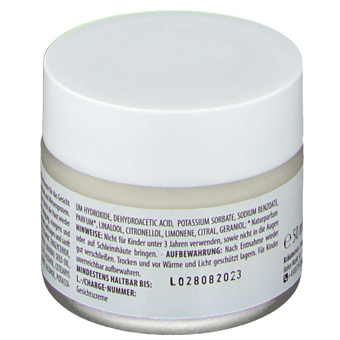 Creme-Tiegel mit weißem Deckel. Rückseite mit Text: Gesichtscreme Relax Plus. Mindesthaltbarkeitsdatum und Chargennummer.