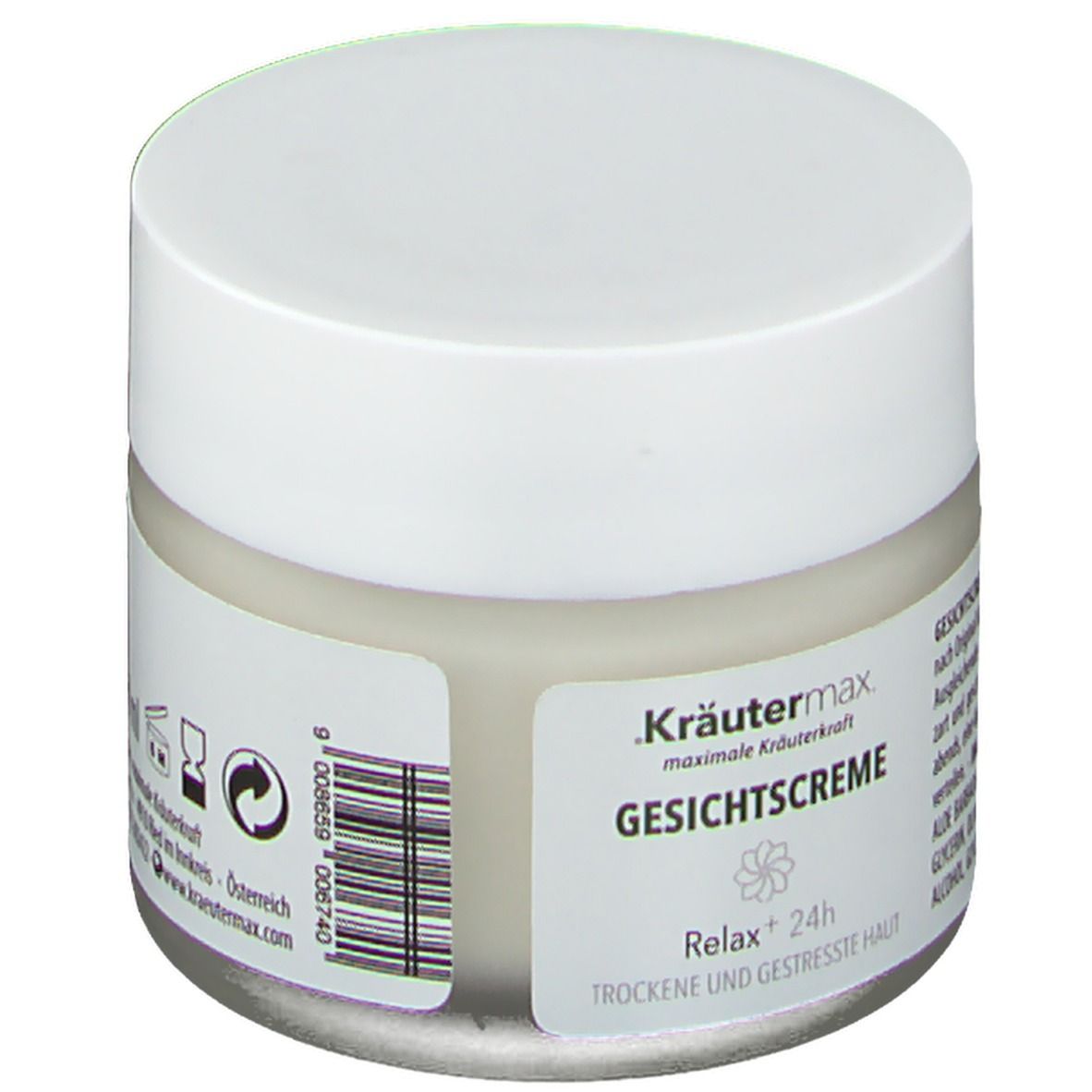 Creme-Tiegel mit weißem Deckel. Etikett mit Produktname und Marke Kräutermax. Text: Gesichtscreme Relax Plus. Barcode.