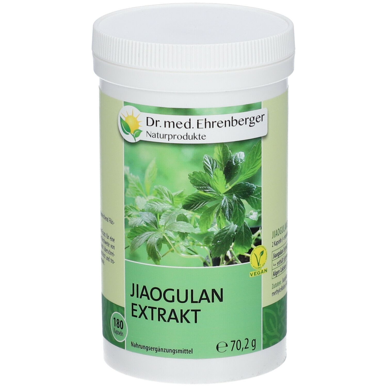 Weiße Dose mit grünem Etikett. Aufschrift: Jiaogulan Extrakt, 180 Kapseln, Dr. med. Ehrenberger Naturprodukte. Vegan-Siegel.
