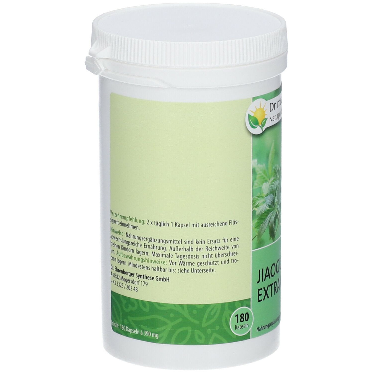 Rückseite der weißen Dose. Text: Verzehrempfehlung, Hinweise, Mindestens haltbar bis. Aufschrift: Jiaogulan Extrakt, 180 Kapseln.