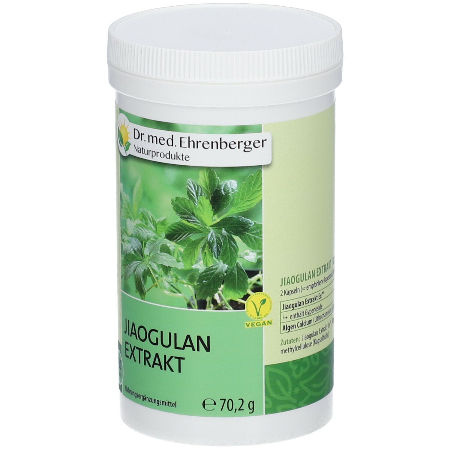 Weiße Dose mit grünem Etikett. Aufschrift: Jiaogulan Extrakt, 180 Kapseln, Dr. med. Ehrenberger Naturprodukte. Vegan-Siegel.