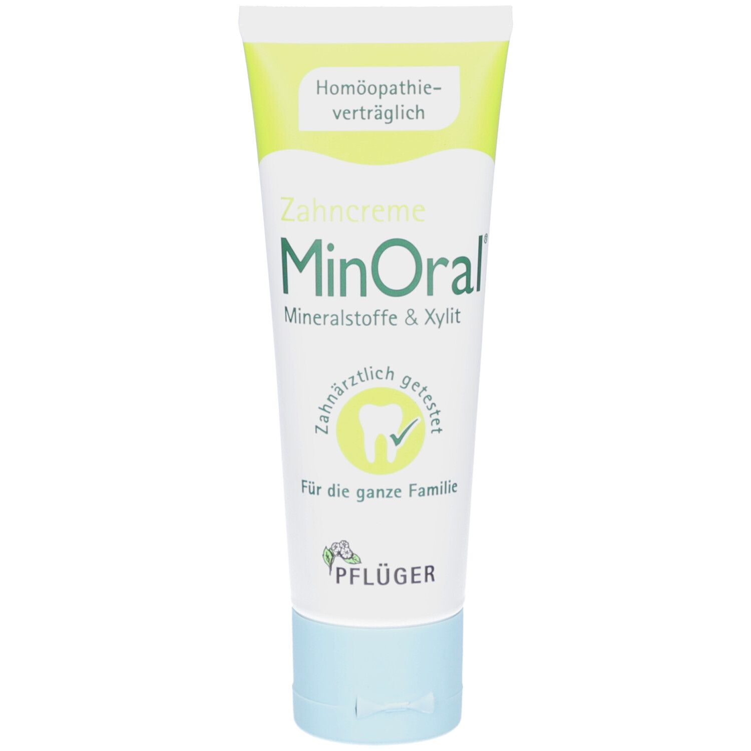 Zahncreme MinOral, Tube. Grün-weiße Tube mit Produktnamen und Schriftzug. "Zahnärztlich getestet" und "Für die ganze Familie".