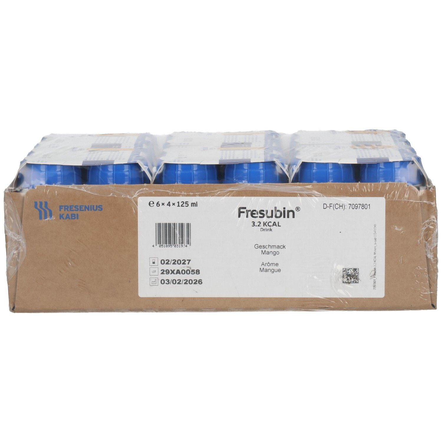 Fresubin 3.2 Kcal Trinknahrung, Mango Geschmack, 6x4x125ml Flaschen im Karton.