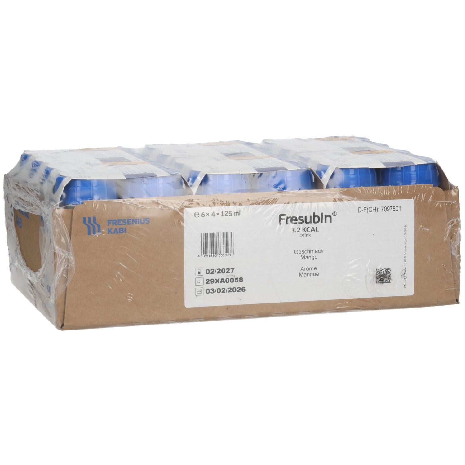 Fresubin 3.2 Kcal Trinknahrung, Mango Geschmack, 6x4x125ml Flaschen im Karton.