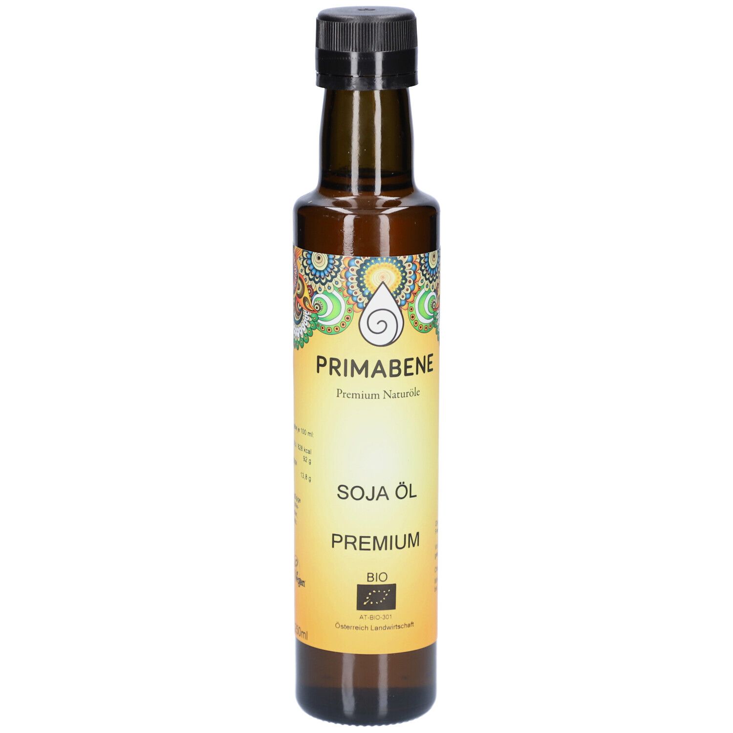 Braune Glasflasche mit schwarzem Deckel. Etikett mit Produktnamen, Logo und Bio-Siegel. Vorderansicht.