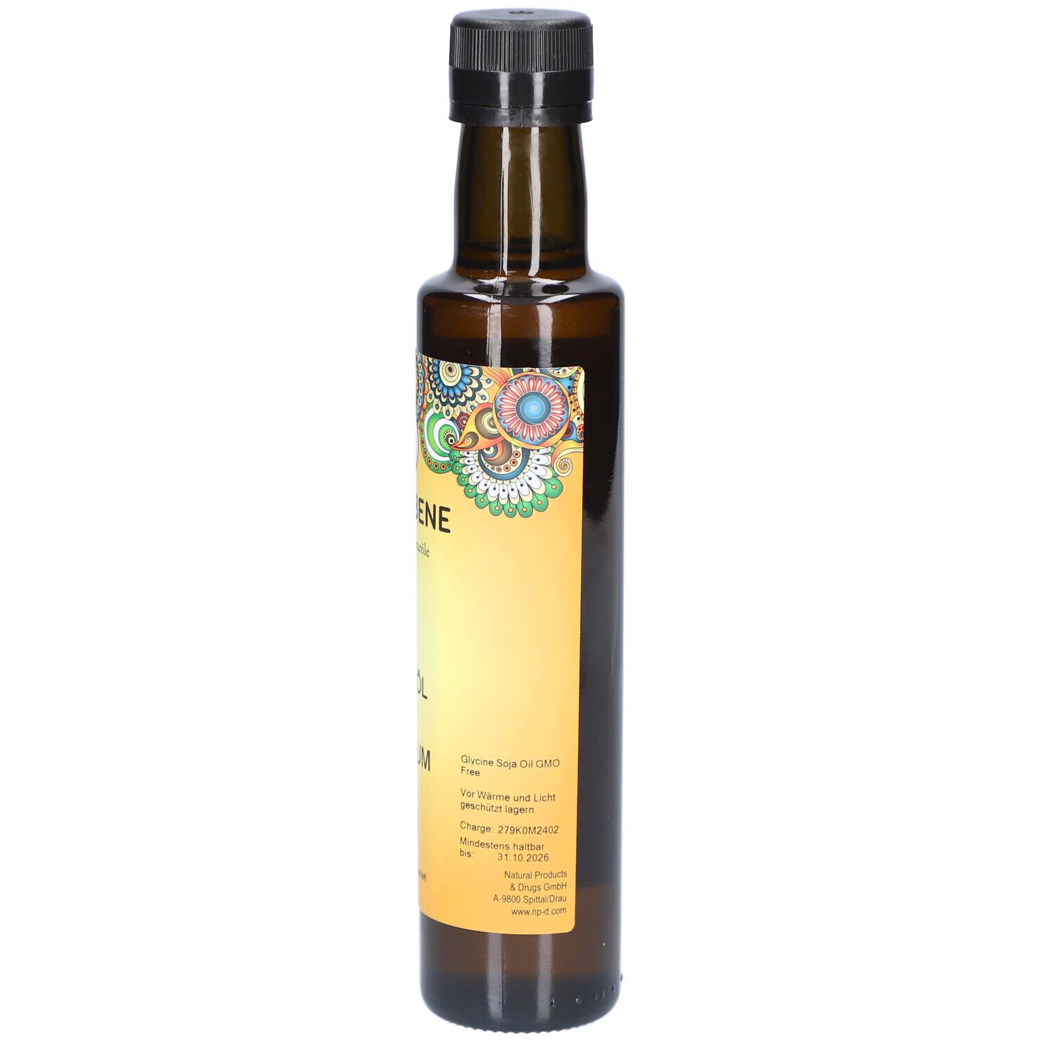 Braune Glasflasche mit schwarzem Deckel. Etikett mit Produktinformationen und Vegan-Siegel. Seitenansicht.