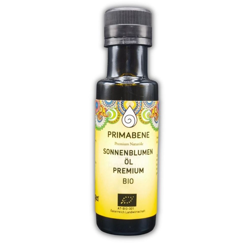 Braune Glasflasche mit schwarzem Deckel. Auf dem Etikett: PRIMABENE Sonnenblumen Öl Premium Bio. Bio-Siegel.