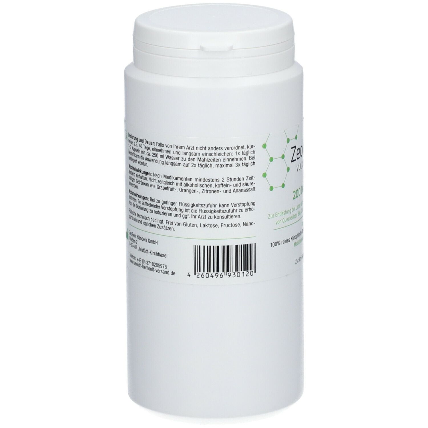 Weiße Dose, Rückseite mit Text und Barcode. Grün-weiße Beschriftung. CE-Kennzeichnung.