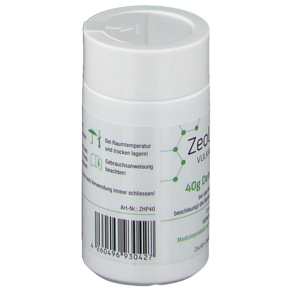 Weiße Dose mit Etikett. Aufschrift: ZeolithMED, 40g Detox-Hautpuder. Gebrauchsanweisung beachten. Barcode.