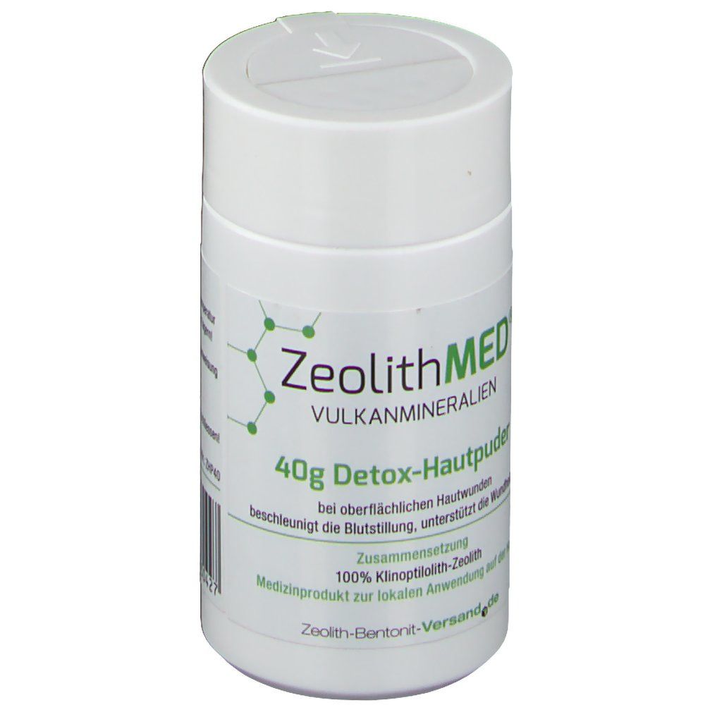 Weiße Dose mit Etikett. Aufschrift: ZeolithMED, 40g Detox-Hautpuder. Medizinprodukt. Klinoptilolith-Zeolith.