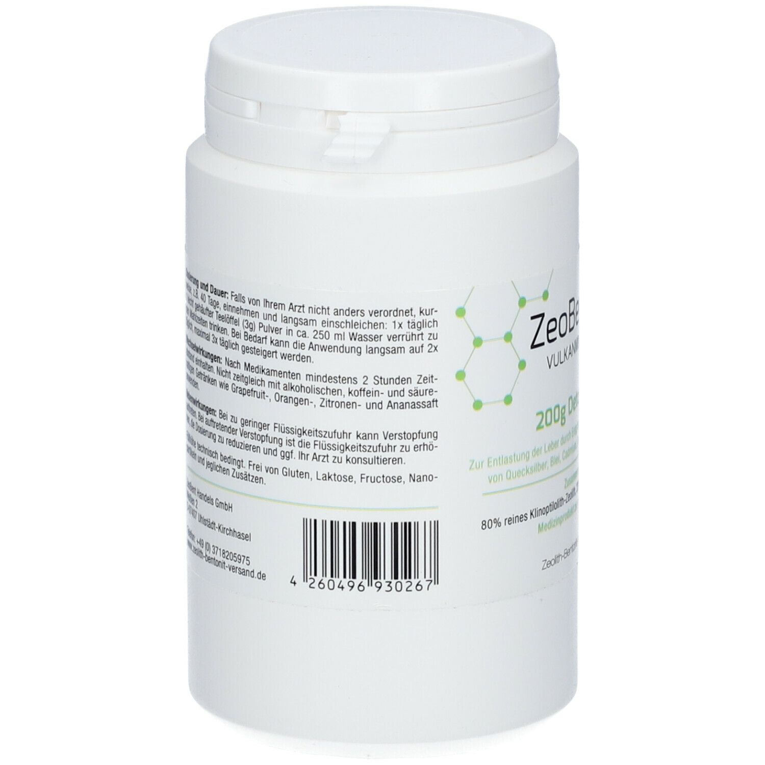 Weiße Dose, Rückseite mit Text und Barcode. ZeoBentMED-Logo. 200g Detox-Pulver.