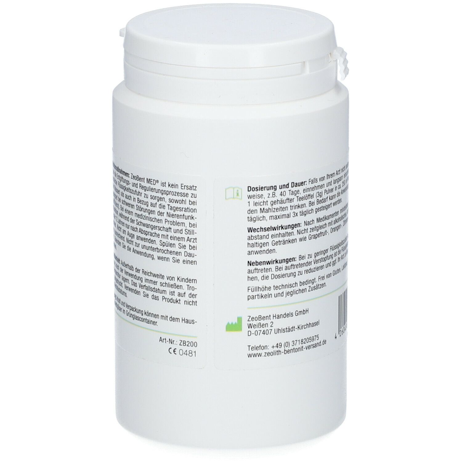 Weiße Dose, Rückseite mit Text. ZeoBentMED-Logo. CE-Kennzeichnung. Art.-Nr. 28200.