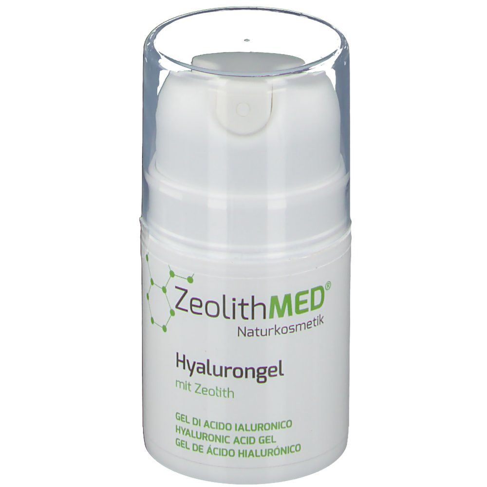 Weiße Flasche mit Pumpverschluss. Beschriftung: ZeolithMED, Hyalurongel. Klare Kappe. Grün-weiße Etikettierung.