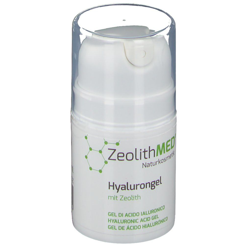Weiße Flasche mit Pumpverschluss. Beschriftung: ZeolithMED, Hyalurongel. Klare Kappe. Grün-weiße Etikettierung.
