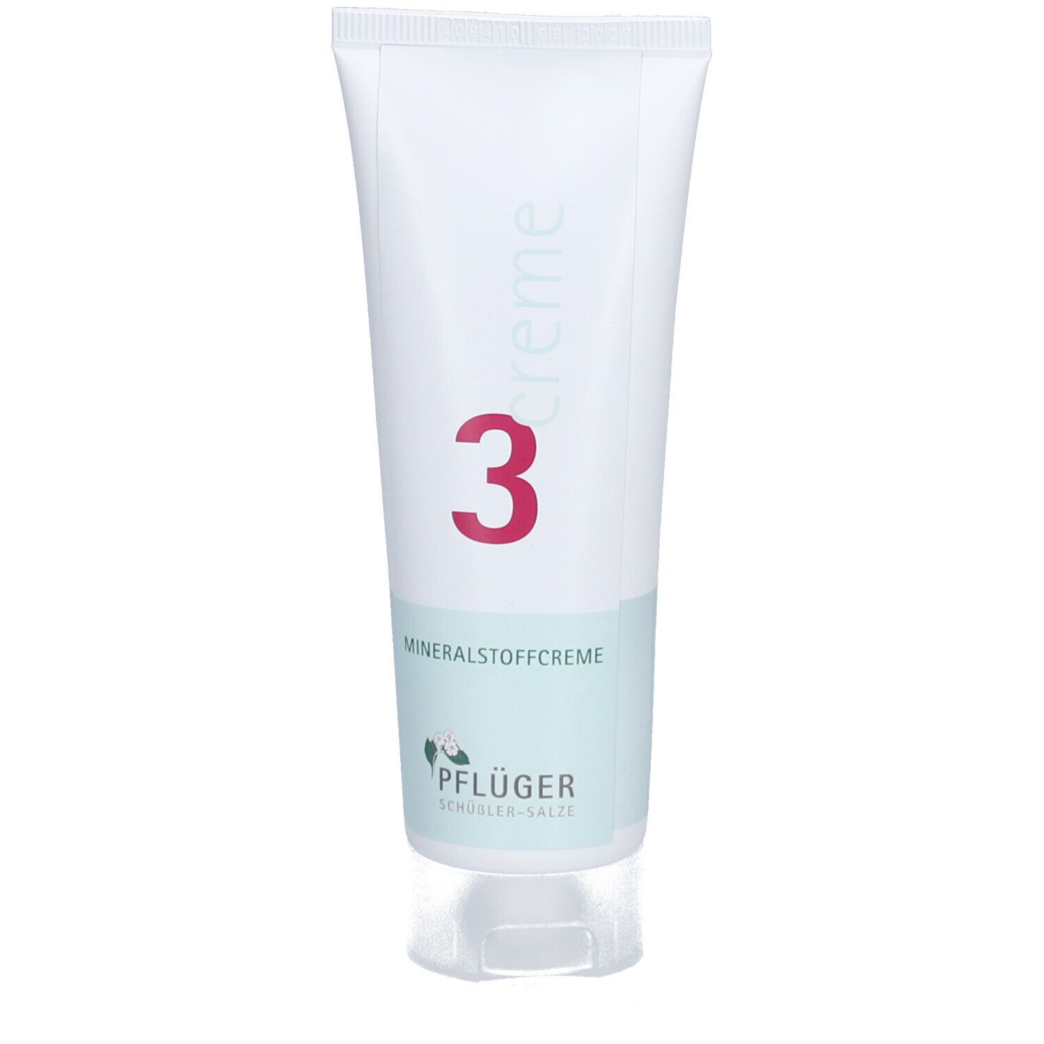 Creme-Tube mit roter "3". Aufschrift "Mineralstoffcreme" und "Pflüger".
