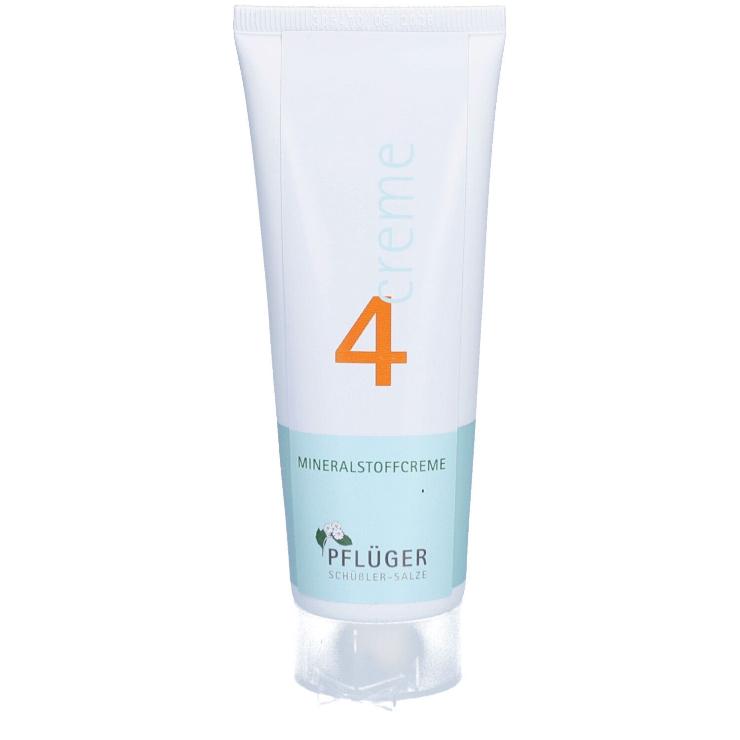 Creme-Tube mit Aufdruck "4". Mineralstoffcreme von Pflüger. Weiße Tube mit hellblauem Streifen und orangefarbener Ziffer.