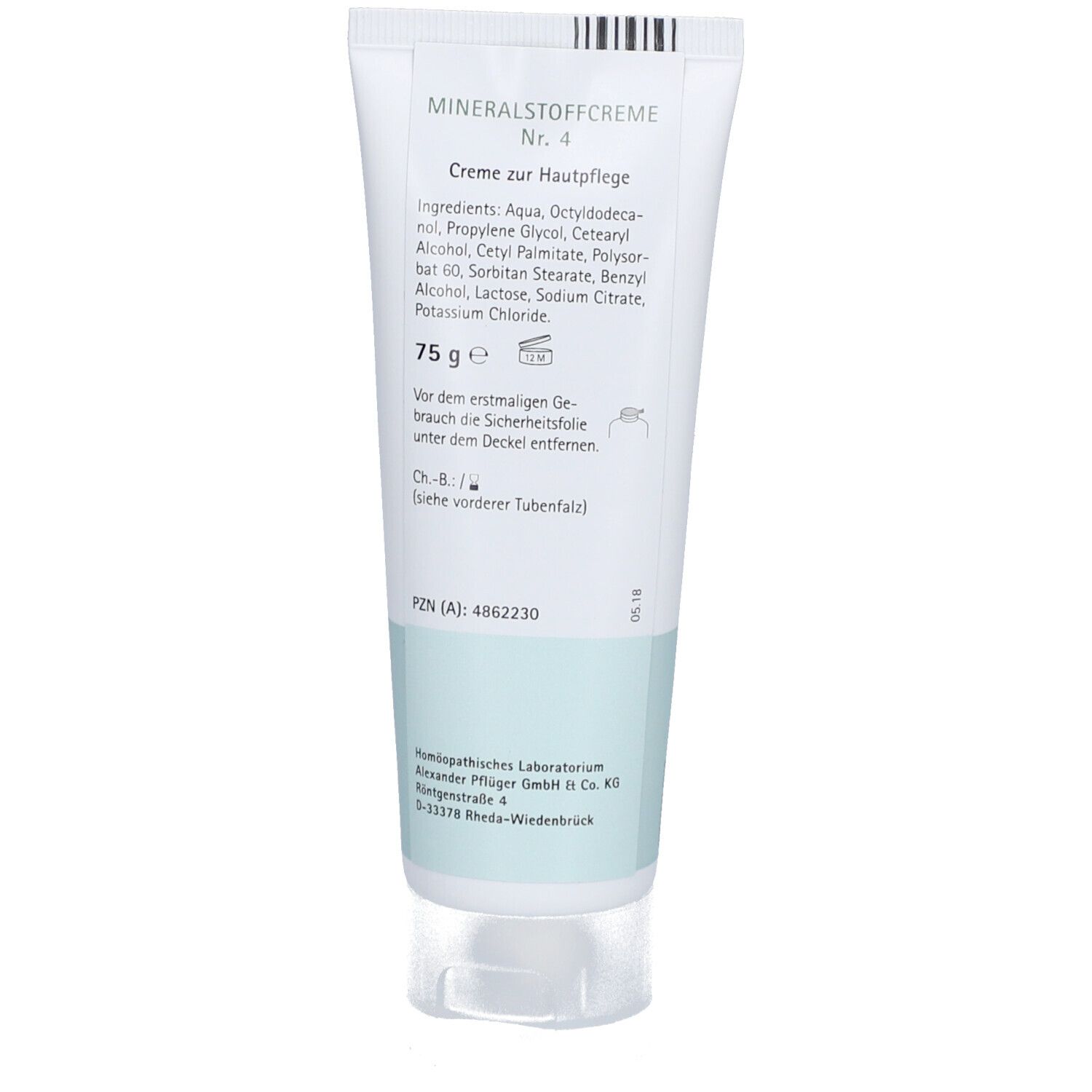 Rückseite der Creme-Tube. Text: Mineralstoffcreme Nr. 4, Inhaltsstoffe, 75 g, Pflüger. Weiße Tube mit hellblauem Streifen.