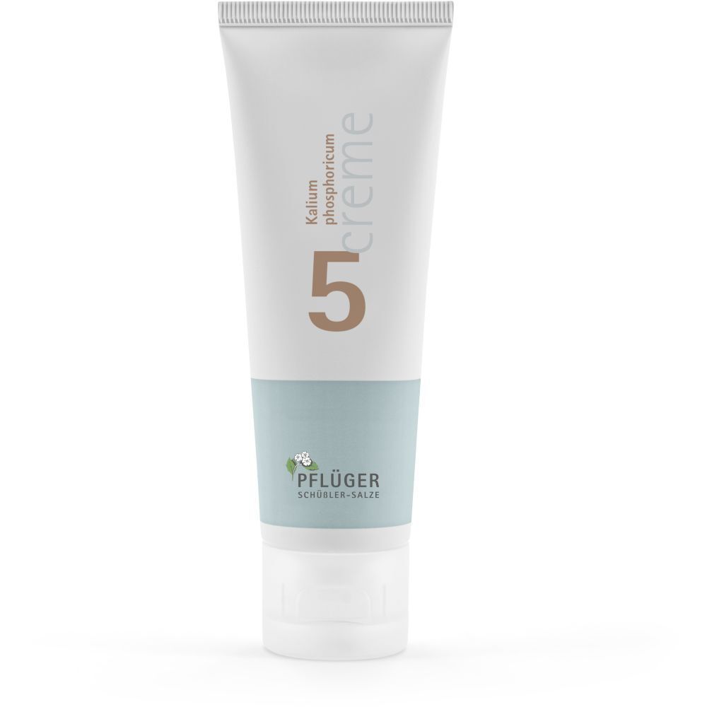 Creme-Tube mit weißem Hintergrund. Aufschrift: 5, Kalium phosphoricum, Pflüger Schüßler-Salze.