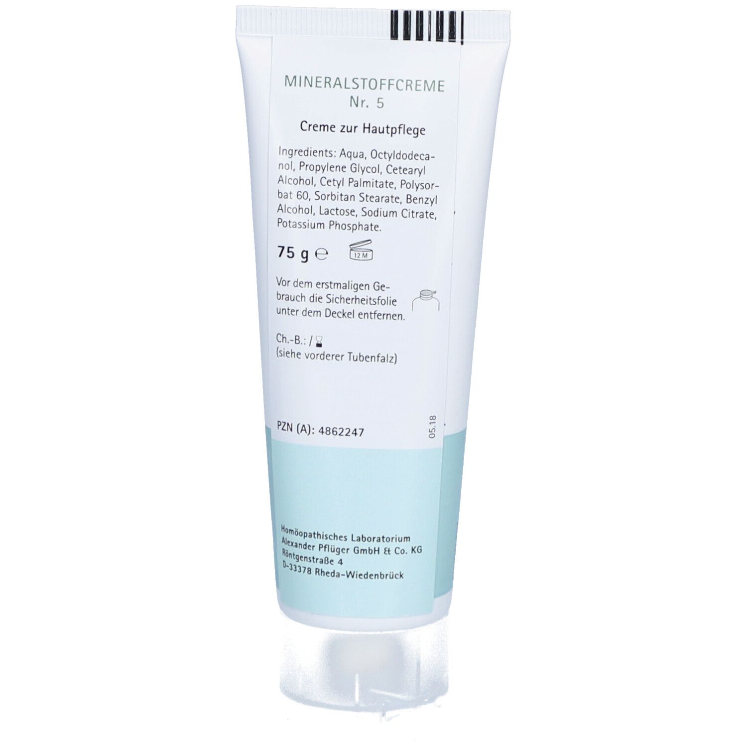 Rückseite der Creme-Tube mit Inhaltsangaben und "75 g" Angabe. Text in deutscher Sprache.