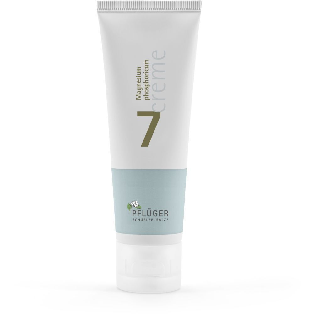 Creme-Tube mit grüner Aufschrift "Magnesium phosphoricum 7 creme". Marke: Pflüger Schüßler-Salze.