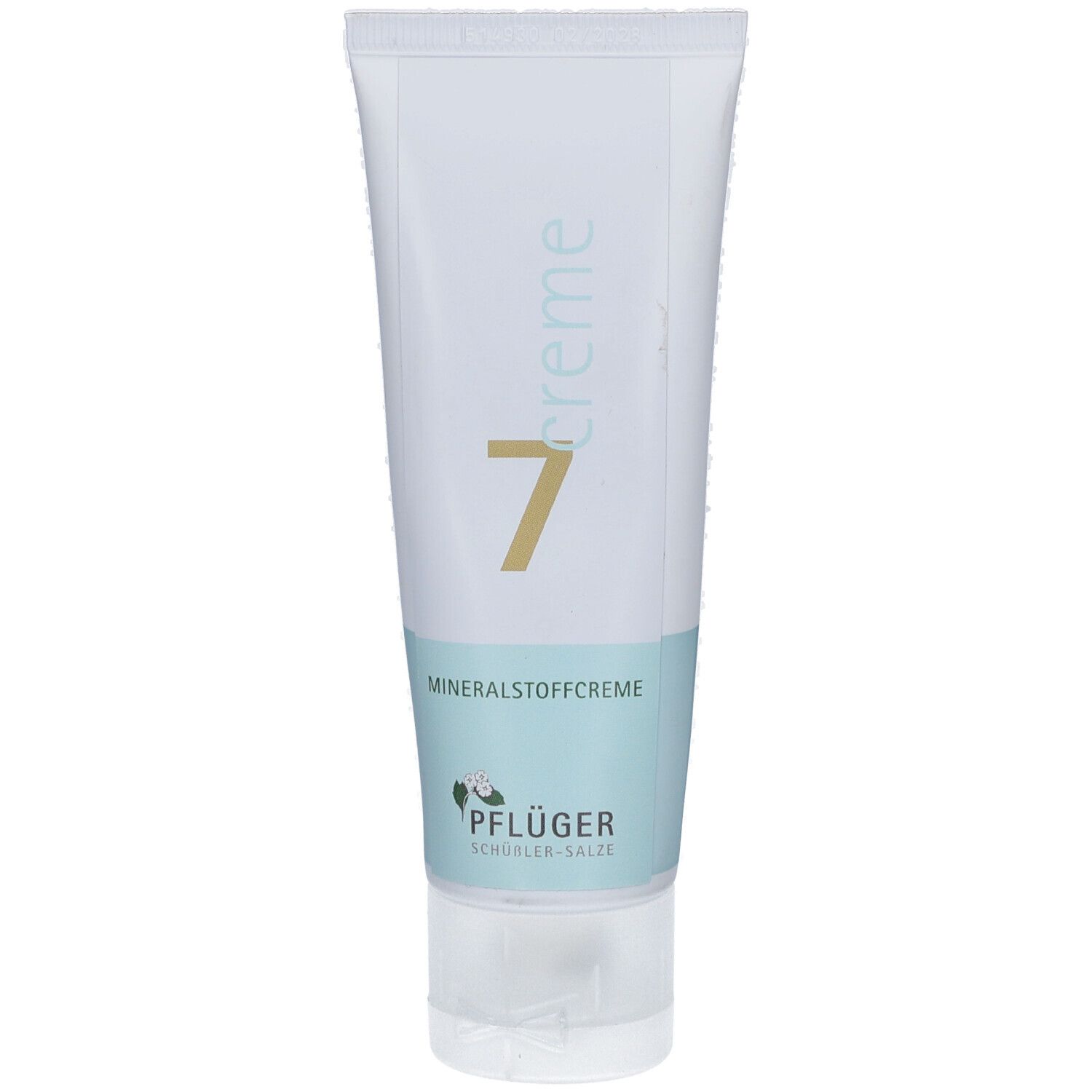 Creme-Tube mit Aufschrift "7" und "Mineralstoffcreme". Hellblauer Streifen mit Logo und Schriftzug "Pflüger Schüßler-Salze".