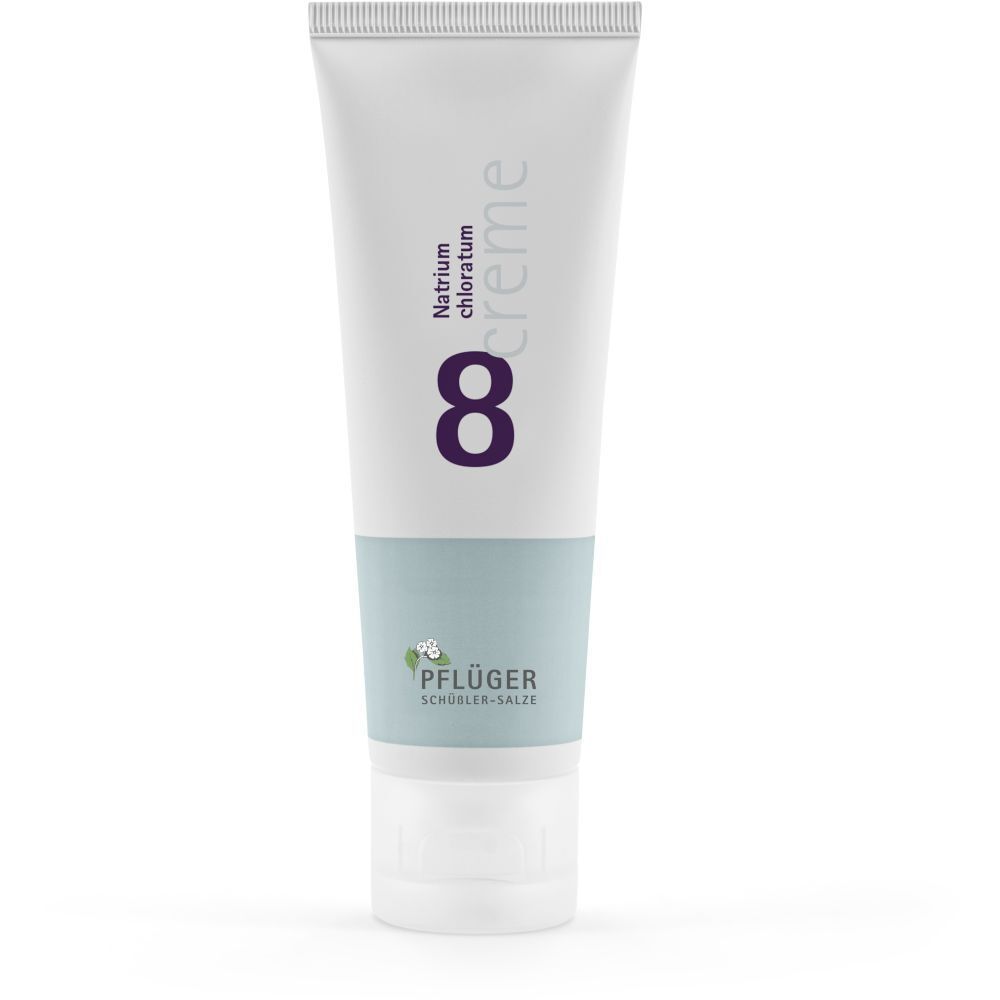Creme-Tube, weiß mit lila Ziffer 8. Beschriftung: Natrium chloratum, Pflüger. Produktbezeichnung: Creme Nr. 8.