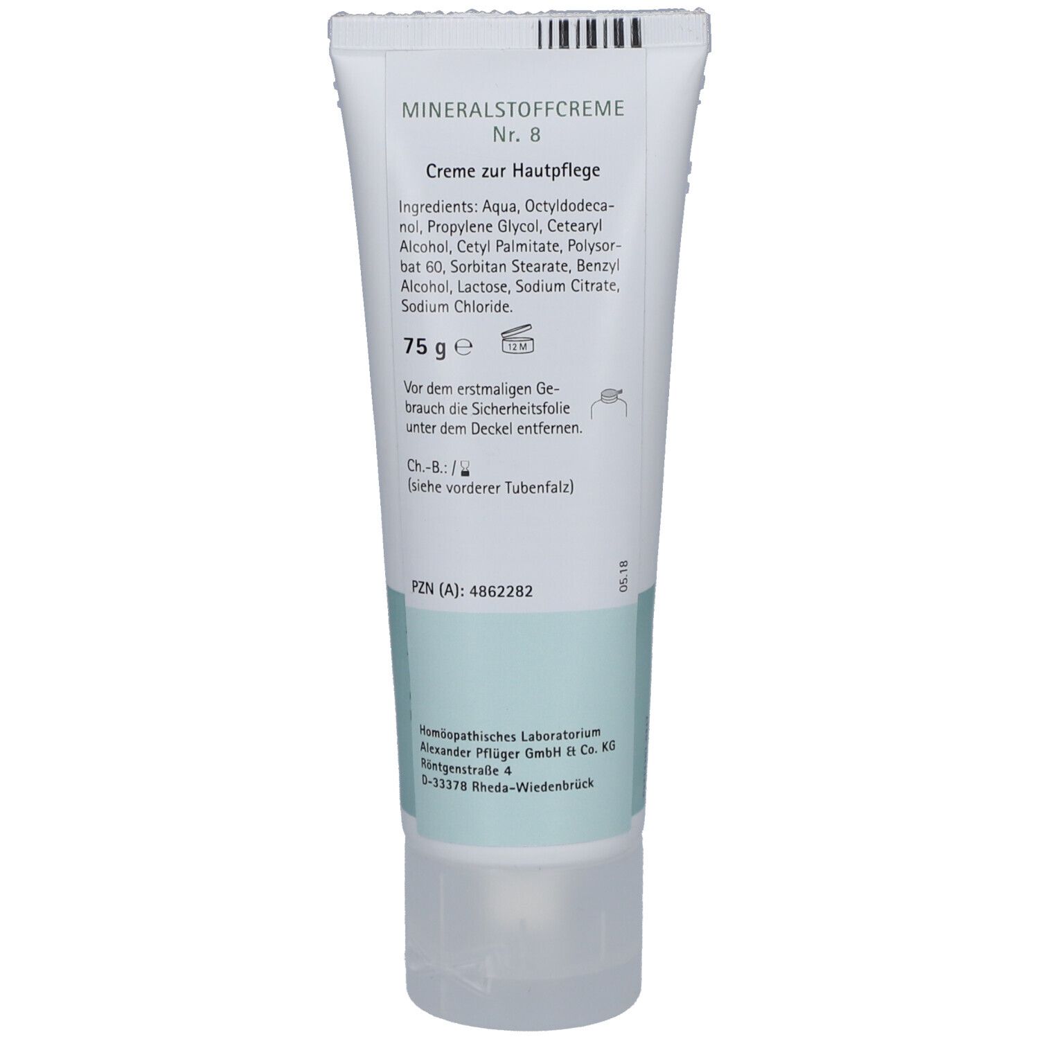 Rückseite der Creme-Tube. Text: "Mineralstoffcreme Nr. 8". Inhaltsstoffe, 75g, PZN-Nummer und Hersteller.
