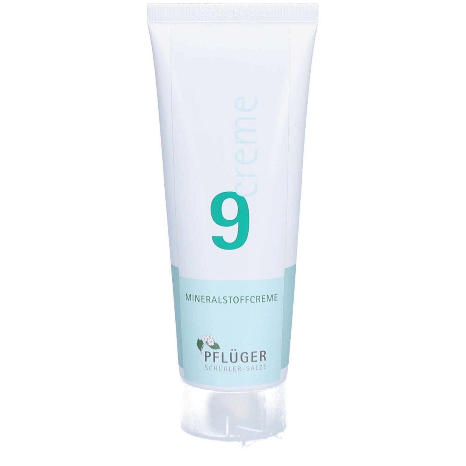 Creme-Tube mit grünem "9" und "Mineralstoffcreme". Pflüger-Logo unten. Weiße Tube, hellblauer Streifen.