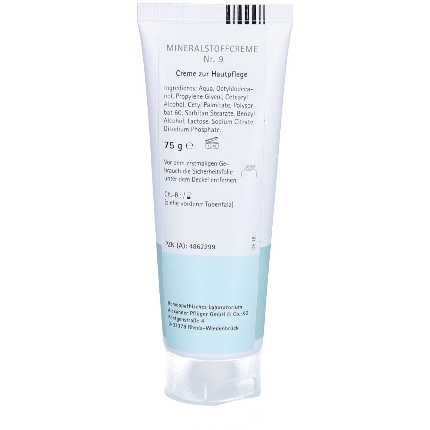 Rückseite der Creme-Tube. Text: "Mineralstoffcreme Nr. 9", Inhaltsstoffe, 75 g, PZN, Logo. Weiß, hellblauer Streifen.