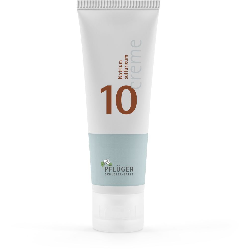 Creme-Tube mit Aufschrift "10" und "Natrium sulfuricum creme". Marke: Pflüger Schüßler-Salze.