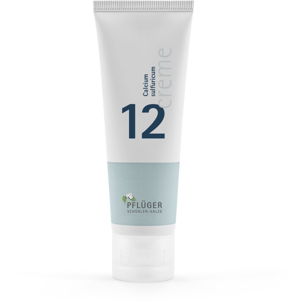 Creme-Tube mit der Aufschrift "12 Calcium sulfuricum creme". Marke: Pflüger Schüßler-Salze.