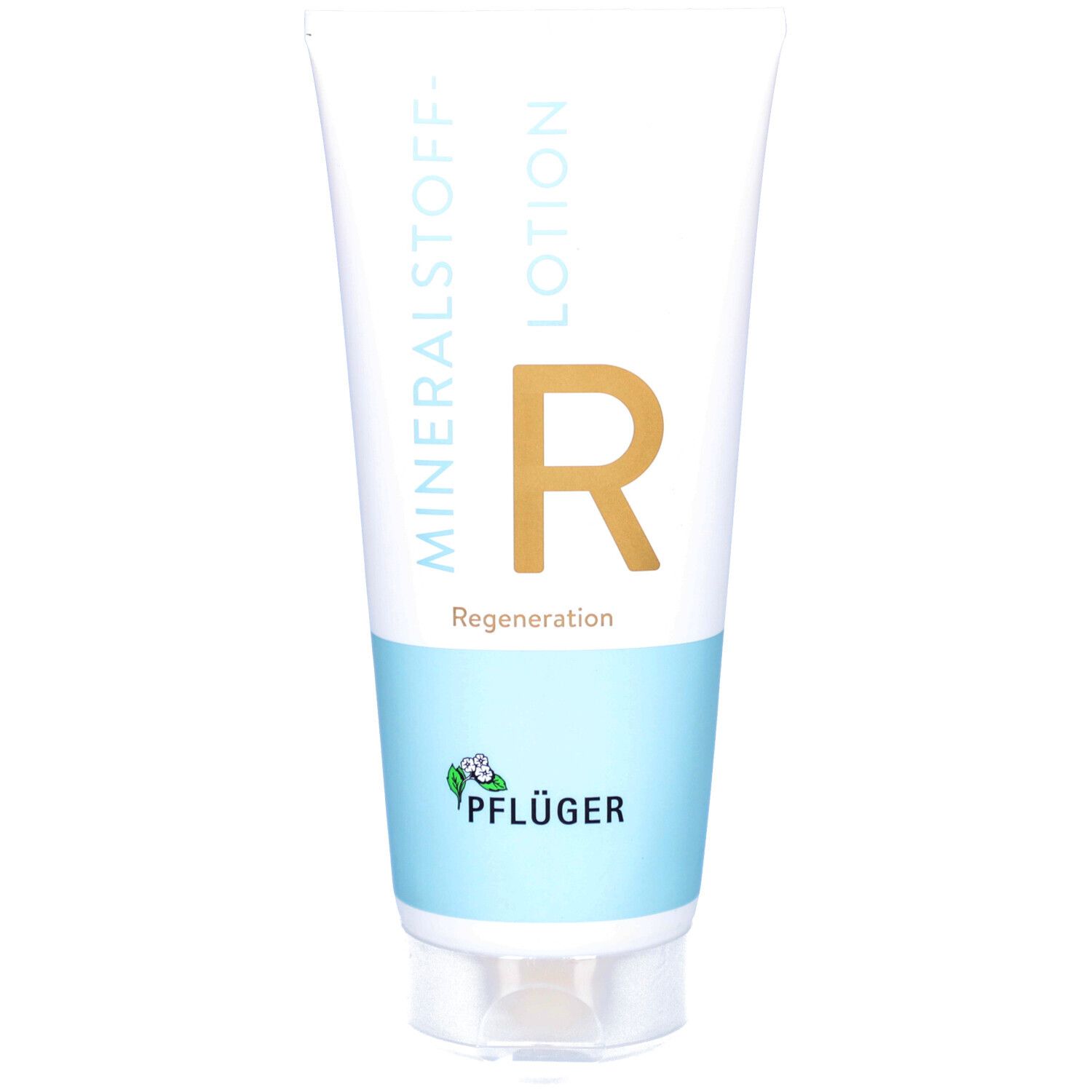 Weiße Tube mit hellblauem Streifen. Aufschrift: MINERALSTOFF-LOTION R, Regeneration. Logo: Pflüger. Transparenter Verschluss.