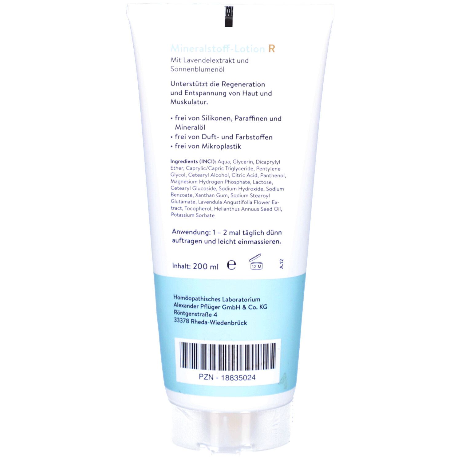Rückseite der Tube. Text: MINERALSTOFF-LOTION R. Inhaltsstoffe, Anwendungshinweise. Logo: Pflüger. Barcode und PZN-Nummer.