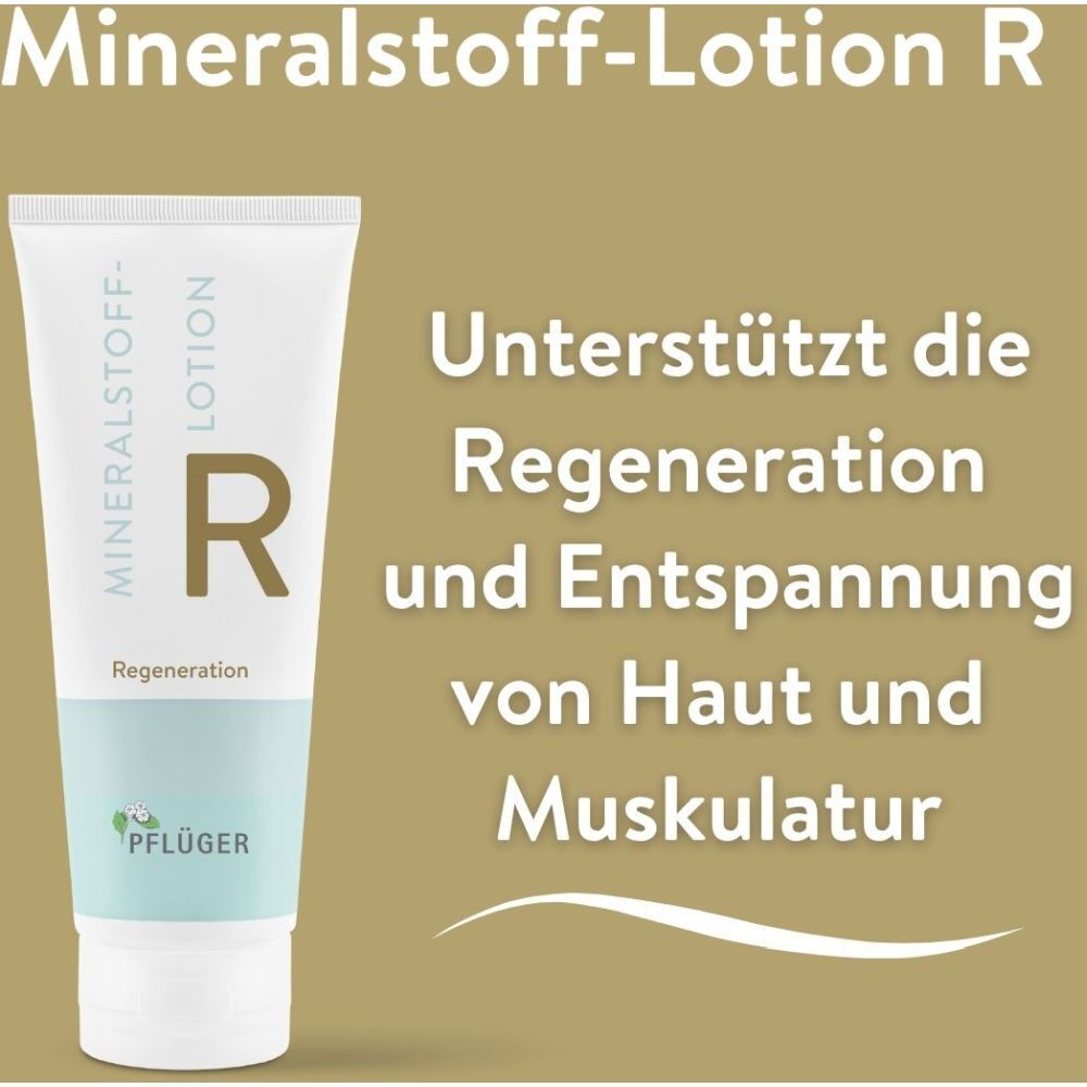 Produkt-Tube mit Text: Mineralstoff-Lotion R. Text: Unterstützt die Regeneration und Entspannung von Haut und Muskulatur.