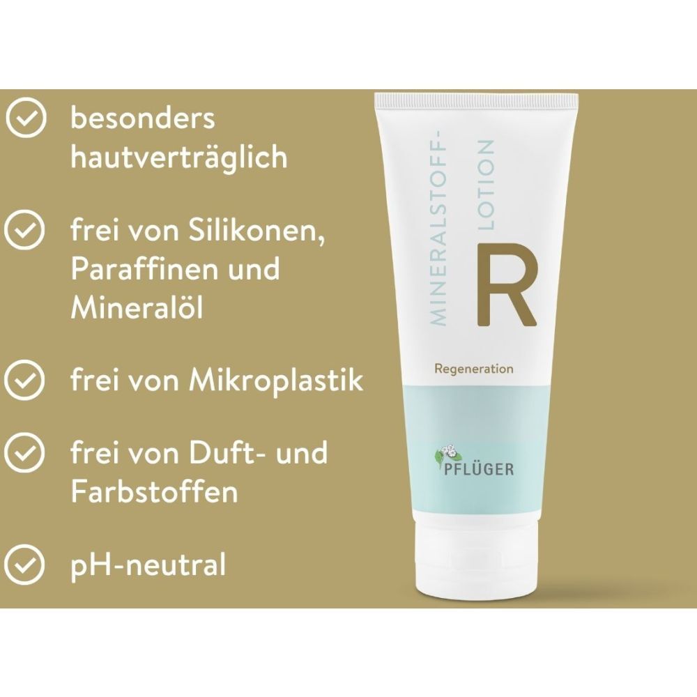 Tube mit Text: Mineralstoff-Lotion R. Text: besonders hautverträglich, frei von Silikonen, Paraffinen, Mineralöl, Mikroplastik, Duft- und Farbstoffen.