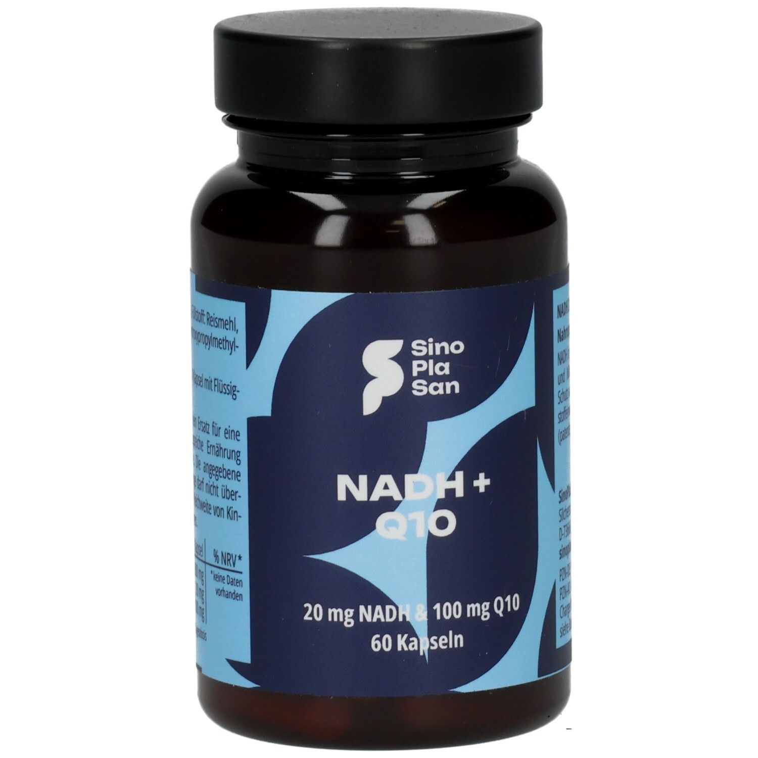Braune Kapsel-Dose mit schwarzem Deckel. Aufschrift: SinoPlaSan, NADH + Q10, 20 mg NADH & 100 mg Q10, 60 Kapseln.