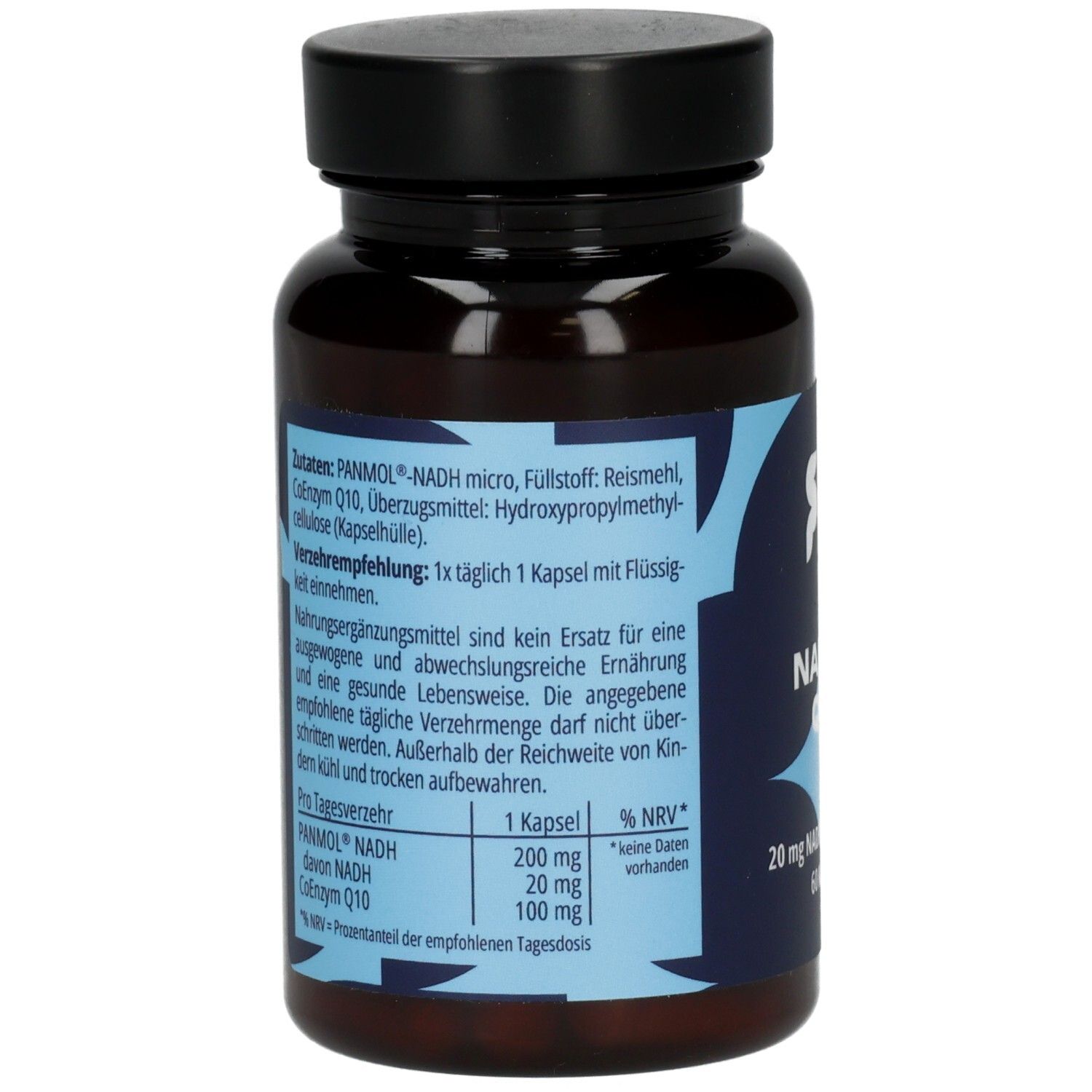 Braune Kapsel-Dose mit schwarzem Deckel. Aufschrift: Zutaten, Verzehrempfehlung, Nährwerttabelle.