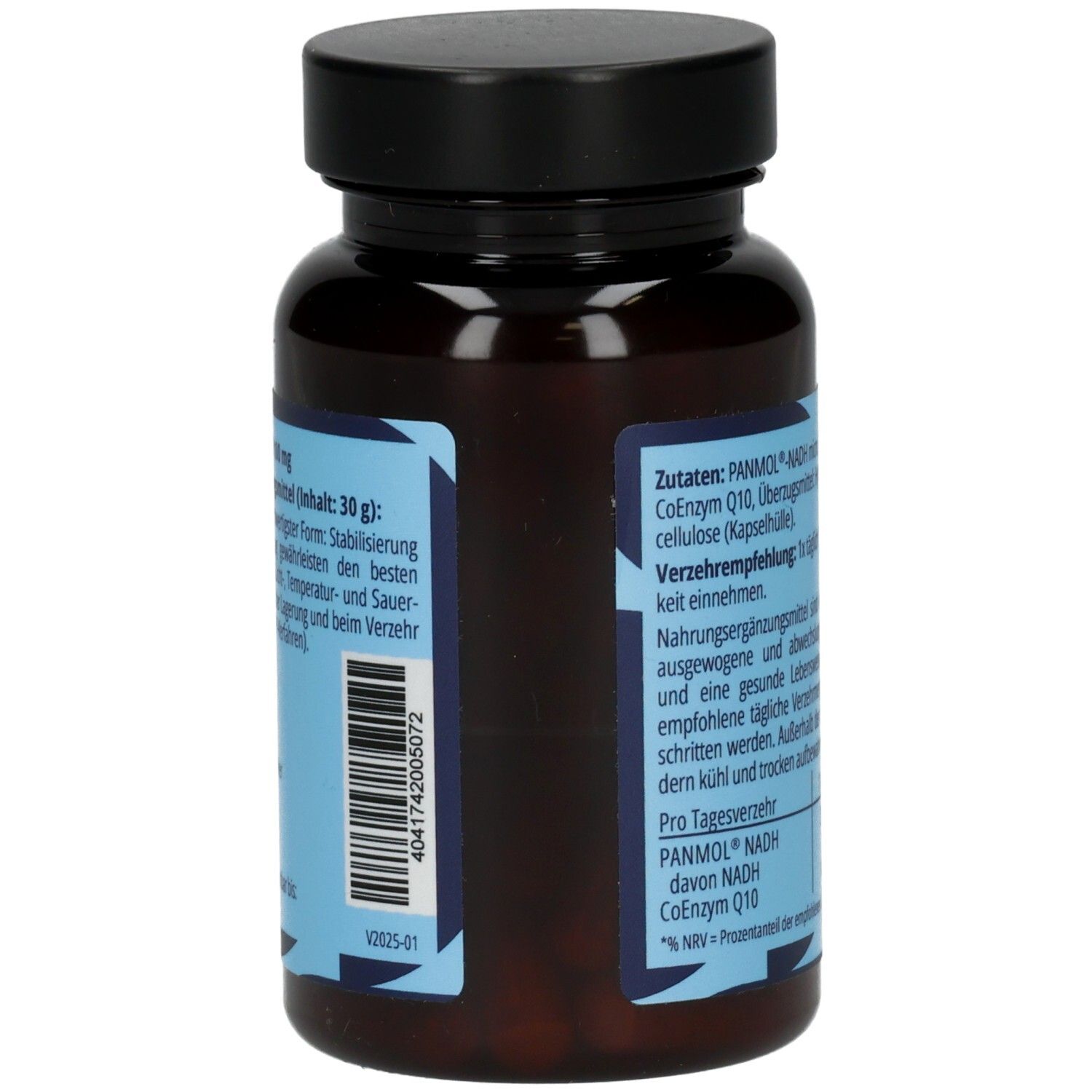 Braune Kapsel-Dose mit schwarzem Deckel. Aufschrift: Zutaten, Verzehrempfehlung, Barcode.