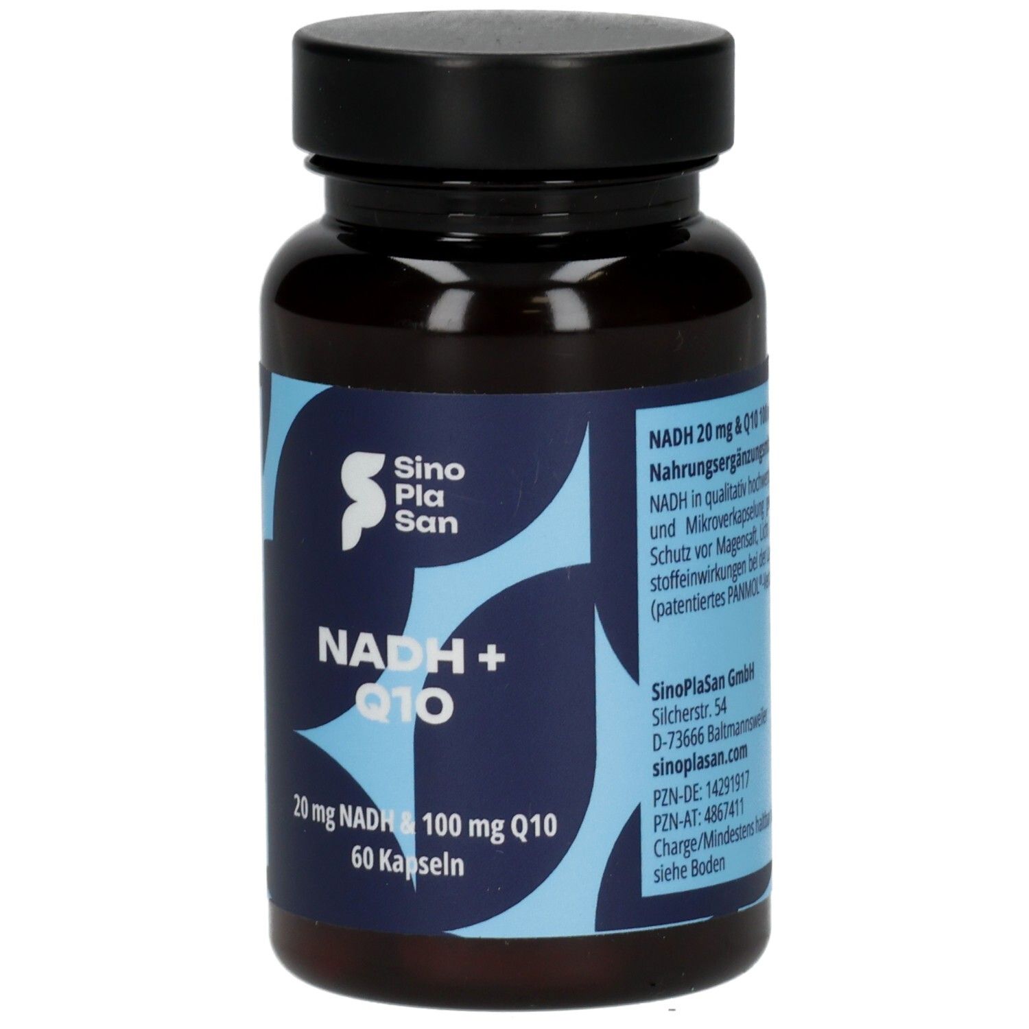 Braune Kapsel-Dose mit schwarzem Deckel. Aufschrift: SinoPlaSan, NADH + Q10, 20 mg NADH & 100 mg Q10, 60 Kapseln.