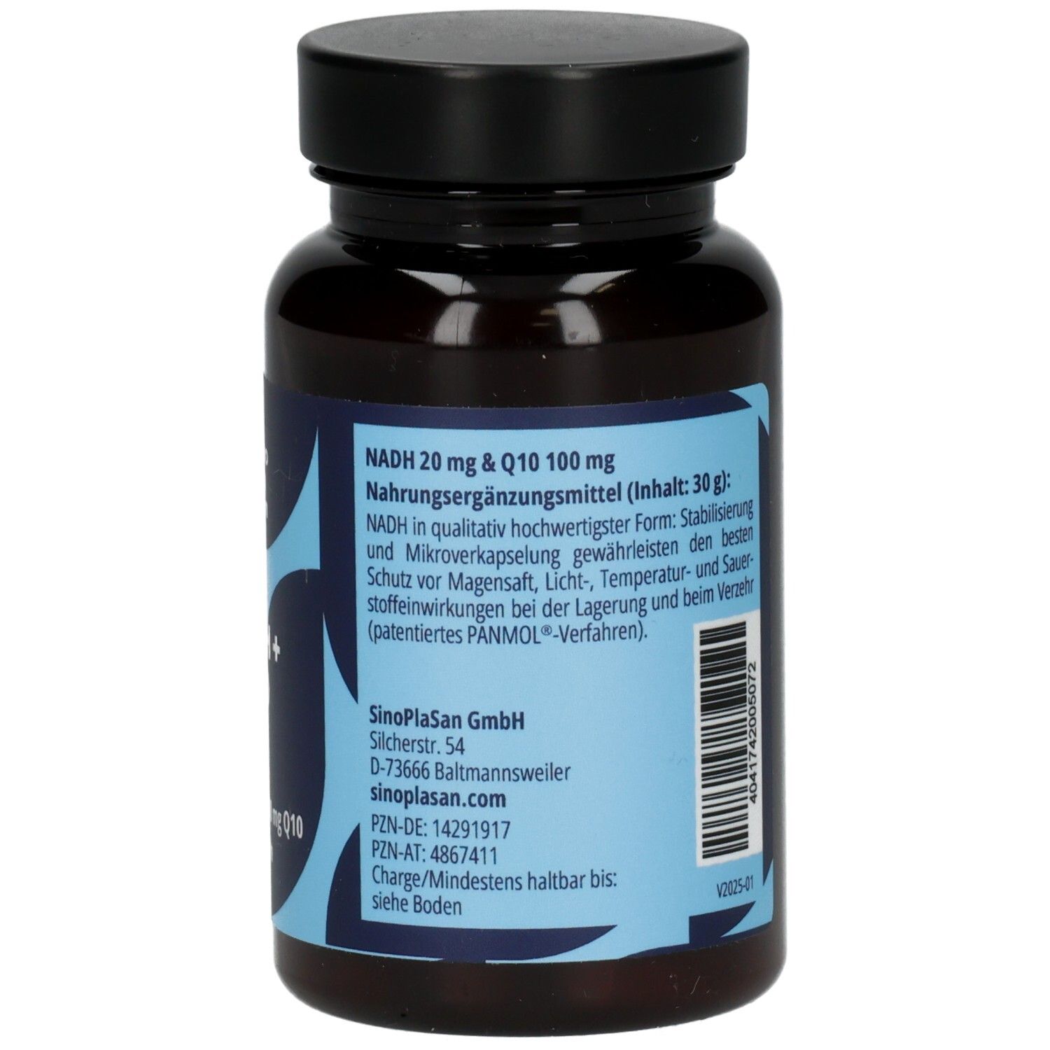 Braune Kapsel-Dose mit schwarzem Deckel. Aufschrift: NADH 20 mg & Q10 100 mg, Nahrungsergänzungsmittel, SinoPlaSan.