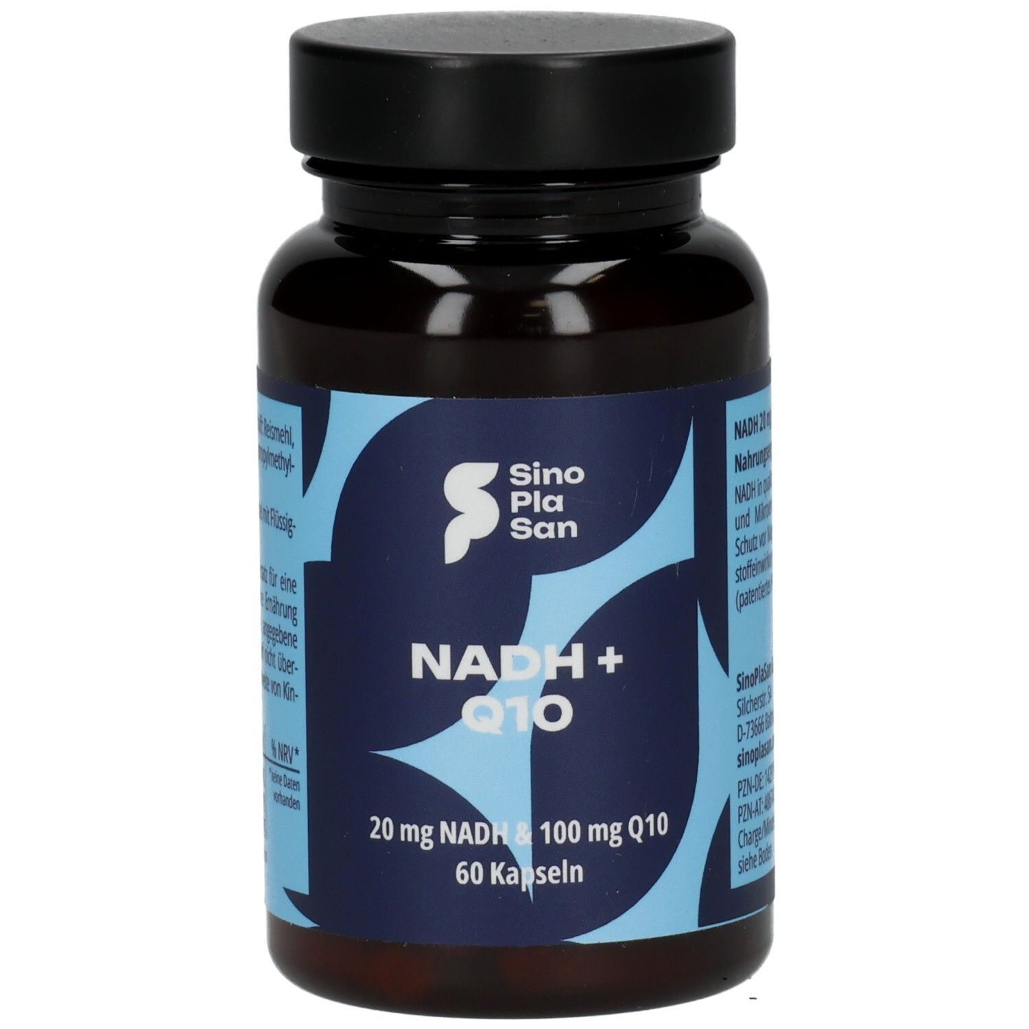 Braune Kapsel-Dose mit schwarzem Deckel. Aufschrift: SinoPlaSan, NADH + Q10, 20 mg NADH & 100 mg Q10, 60 Kapseln.