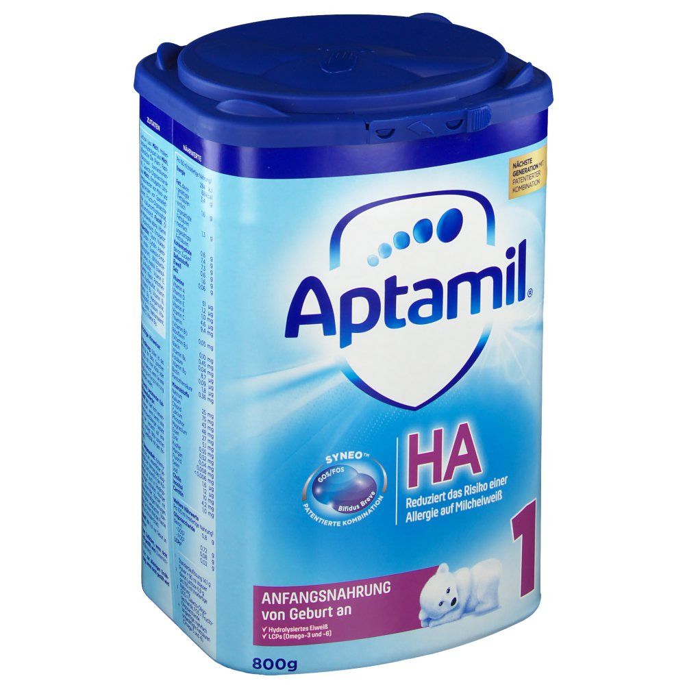 Hellblaue Dose Aptamil HA Anfangsnahrung 1. Aufschrift: Aptamil, HA, 1.  Enthält Synneo.  800g.  Reduziert das Risiko einer Allergie auf Milcheiweiß.