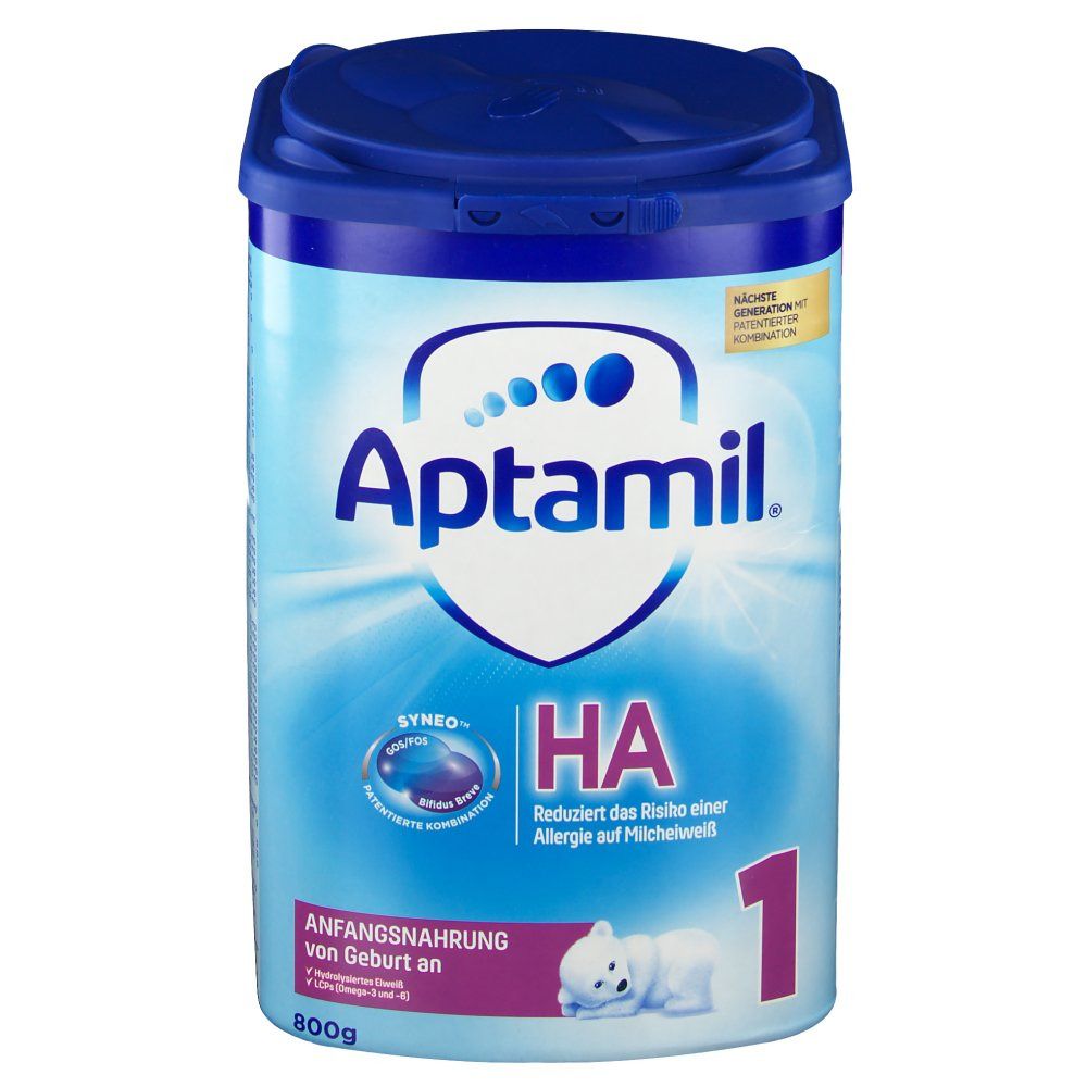 Hellblaue Dose Aptamil HA Anfangsnahrung 1. Aufschrift: Aptamil, HA, 1.  Enthält Synneo.  800g.  Reduziert das Risiko einer Allergie auf Milcheiweiß.